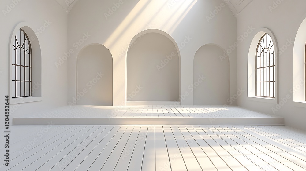 Serene white room bathed in soft sunlight showcasing elegant arched recesses. AI Generated Serene white room bathed in soft sunlight showcasing elegant arched recesses. AI Generated