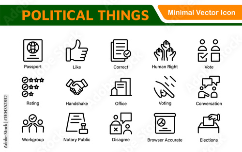 Politics Icon Set: A comprehensive collection of icons representing political themes, perfect for enhancing campaign materials, educational resources, and civic engagement initiatives.