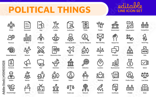 Politics Icon Set: A comprehensive collection of icons representing political themes, perfect for enhancing campaign materials, educational resources, and civic engagement initiatives.