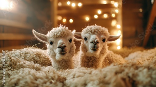Two adorable lambs lie close together in a cozy barn, surrounded by soft hay and warm lights, evoking a sense of joy and companionship in this peaceful setting.