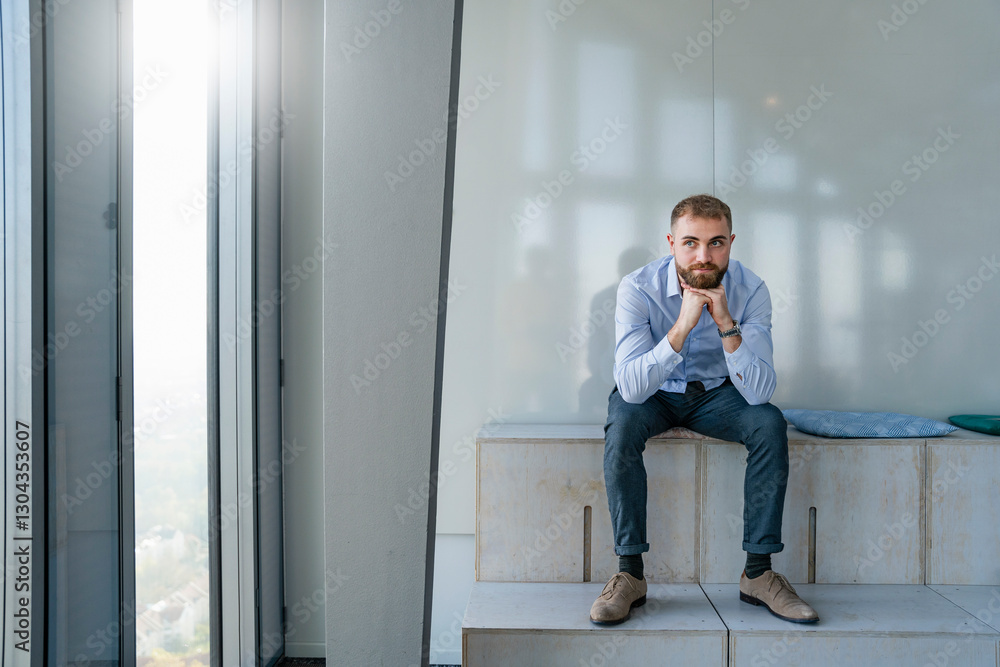 Young man sitting in a modern office with high windows Young man sitting in a modern office with high windows