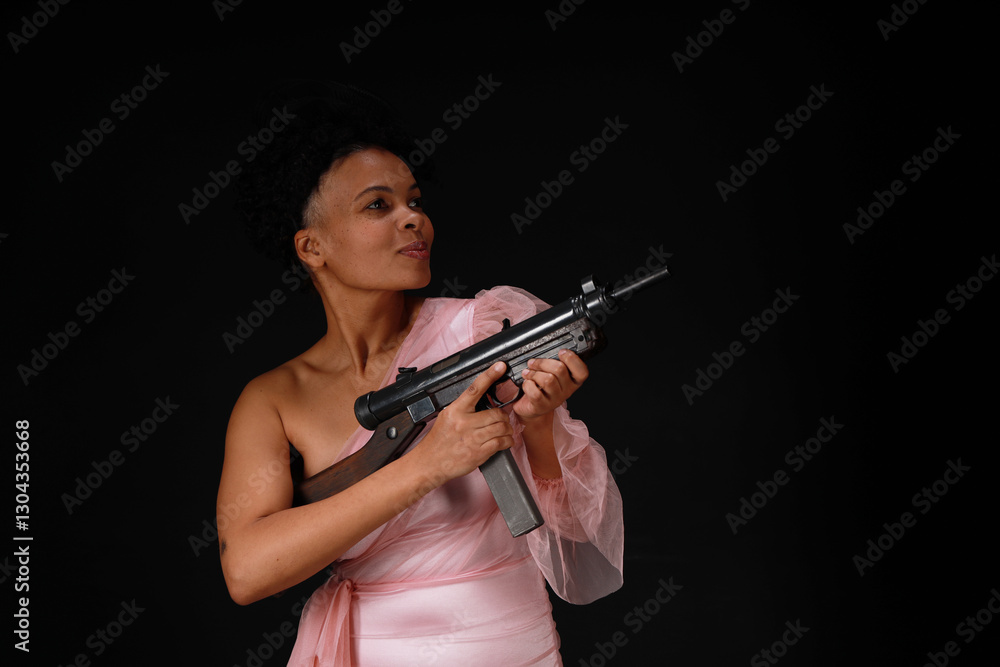 Curly woman in pink dress aiming with submachine gun on black background Curly woman in pink dress aiming with submachine gun on black background