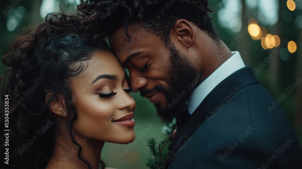 This intimate portrait features a couple sharing a gentle moment in nature, exuding love and connection against a backdrop of lush greenery and soft lights, embodying romance. This intimate portrait features a couple sharing a gentle moment in nature, exuding love and connection against a backdrop of lush greenery and soft lights, embodying romance.