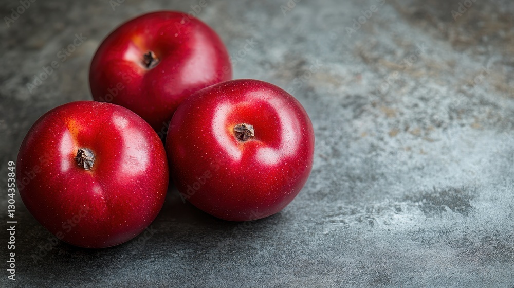 Three crimson orbs, plump and ripe, nestled amongst the shadows of a gray surface, their vibrant hues contrasting against the cool tones of their surroundings. Three crimson orbs, plump and ripe, nestled amongst the shadows of a gray surface, their vibrant hues contrasting against the cool tones of their surroundings.
