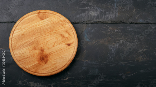 Top view of round wooden dark cutting board on stone countertop with advertising space.
