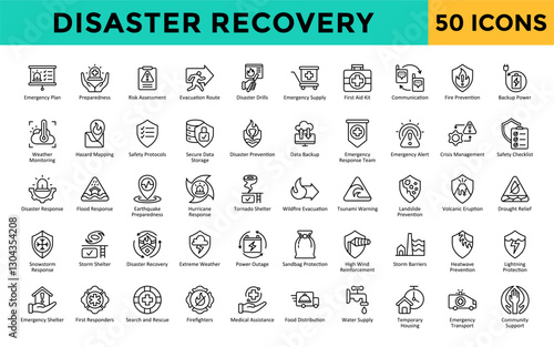 Disaster Recovery icons set with emergency plan, preparedness, risk assessment, evacuation route, disaster drills, emergency supply, first aid kit, communication icon. Simple line vector 
