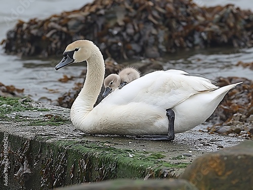 Swan mother and cygnets on coastal rocks photo