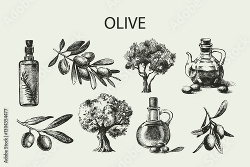 Hand drawn sketch olive set. Vector illustration