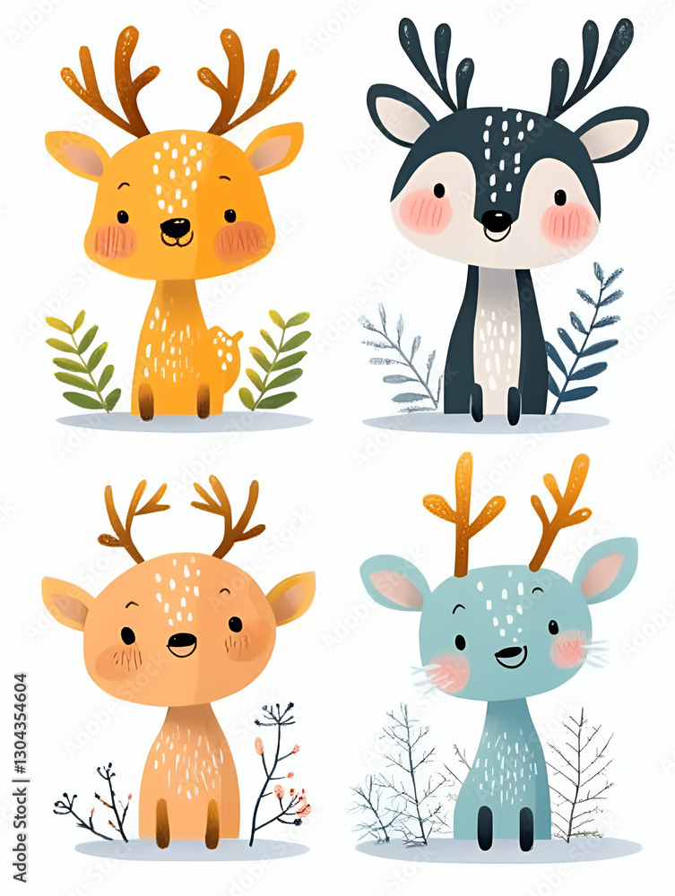 custom made wallpaper toronto digitalFour Cute Cartoon Deer in Winter Floral Setting