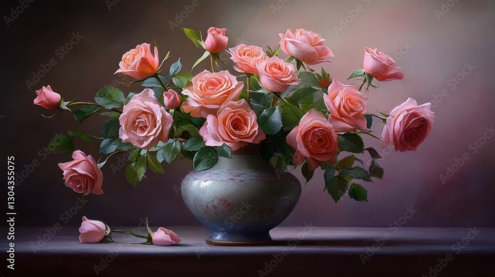 Obraz premium A classic still-life painting-style arrangement of roses in a ceramic vase, set against a softly lit background.