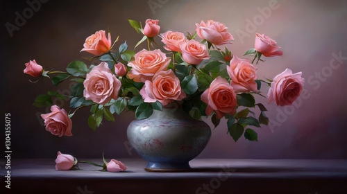 Wallpaper Mural A classic still-life painting-style arrangement of roses in a ceramic vase, set against a softly lit background. Torontodigital.ca