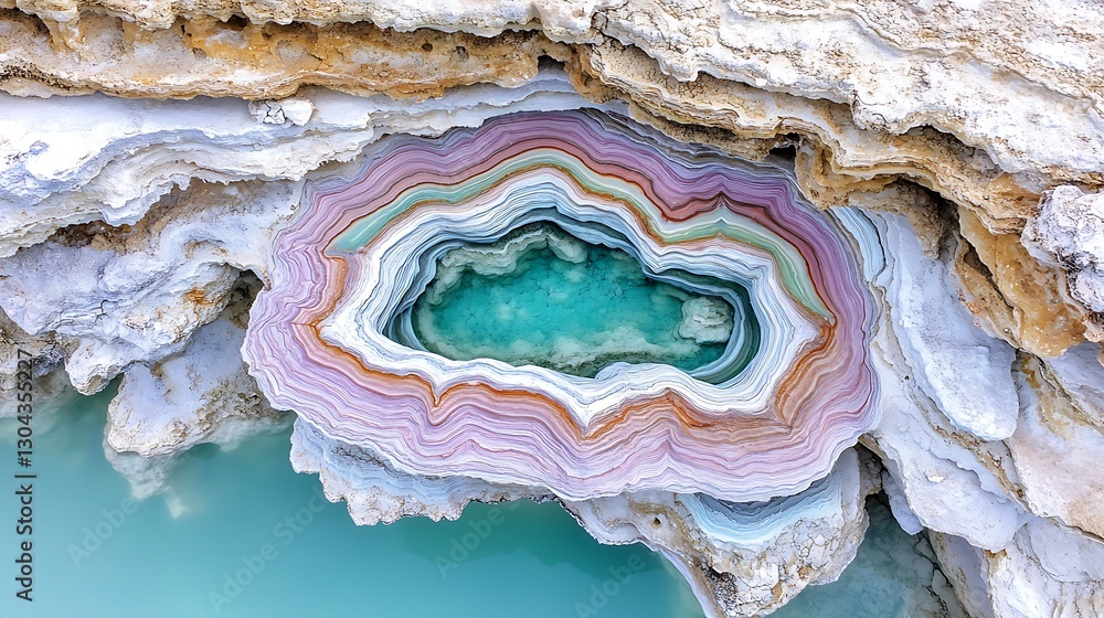 Fototapeta premium Aerial View of Vibrant Layered Rock Formation and Turquoise Pool
