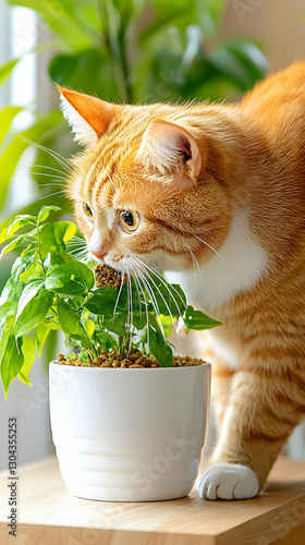 Ginger cat eating plant indoors photo