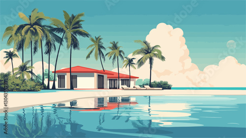 A digital illustration depicting a low-slung, modern house with a red roof situated on a white sandy beach.  Several tall palm trees are visible in the foreground.  The ocean is a vibrant