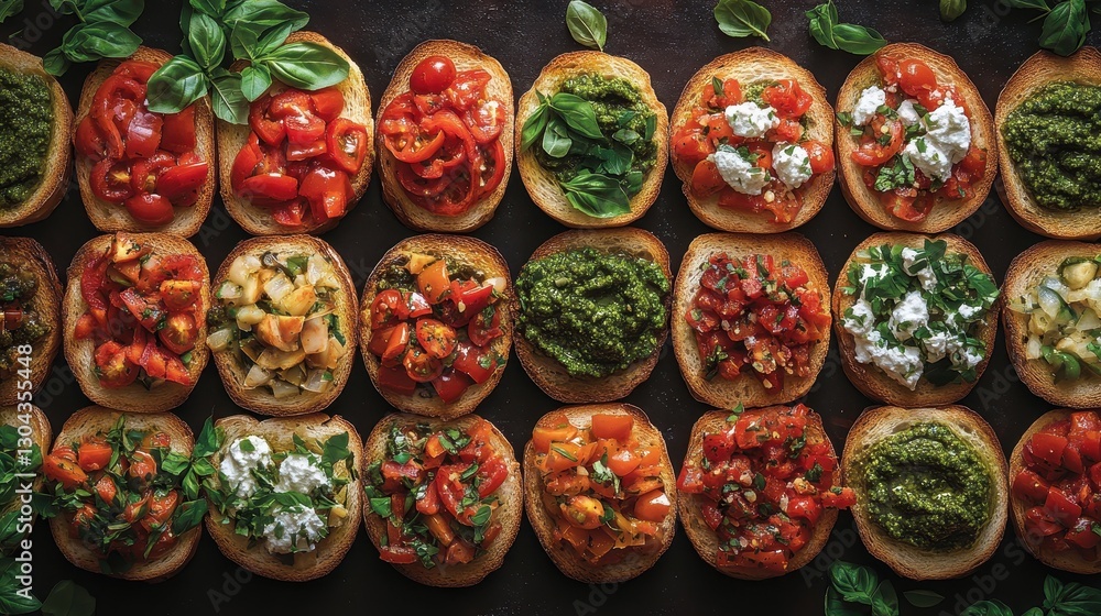 Fototapeta premium A vibrant tapestry of bruschettas, each adorned with a medley of toppings - from classic basil and tomatoes to vibrant pesto and roasted peppers - arranged in a captivating top-down view, inviting