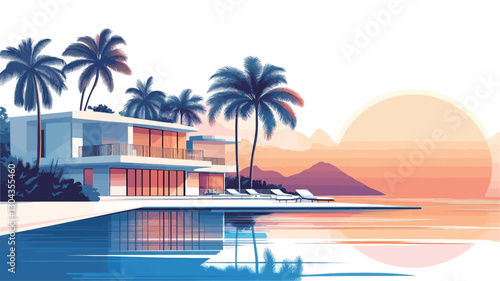 The image is a stylized vector illustration depicting a modern, multi-level villa situated on a coastline. The architectural style is minimalist and contemporary, characterized by clean