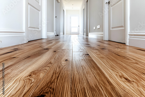 Gleaming hardwood floor in a long, bright hallway