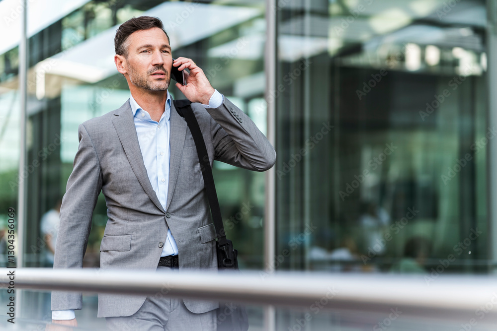 Businessman in suit talking on mobile phone outdoors Businessman in suit talking on mobile phone outdoors