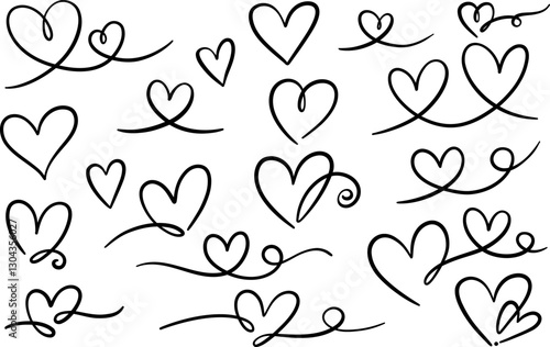 Calligraphic heart line art vector doodle set, hand draw swirly flourishes love symbol set, frame and divider element collection