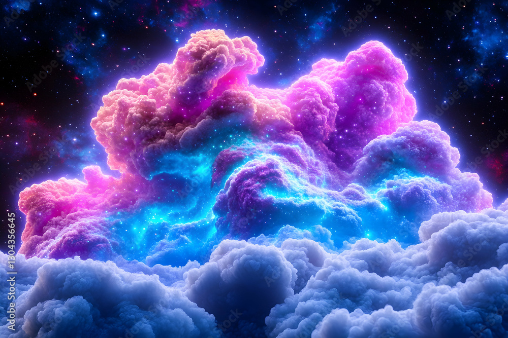 Glowing nebula cloud above fluffy clouds, cosmic background Glowing nebula cloud above fluffy clouds, cosmic background