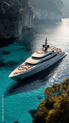 A stunning luxury yacht glides through crystal clear waters. This image captures the elegance of opulent lifestyle at sea. Explore the beauty of maritime adventures. Generative AI