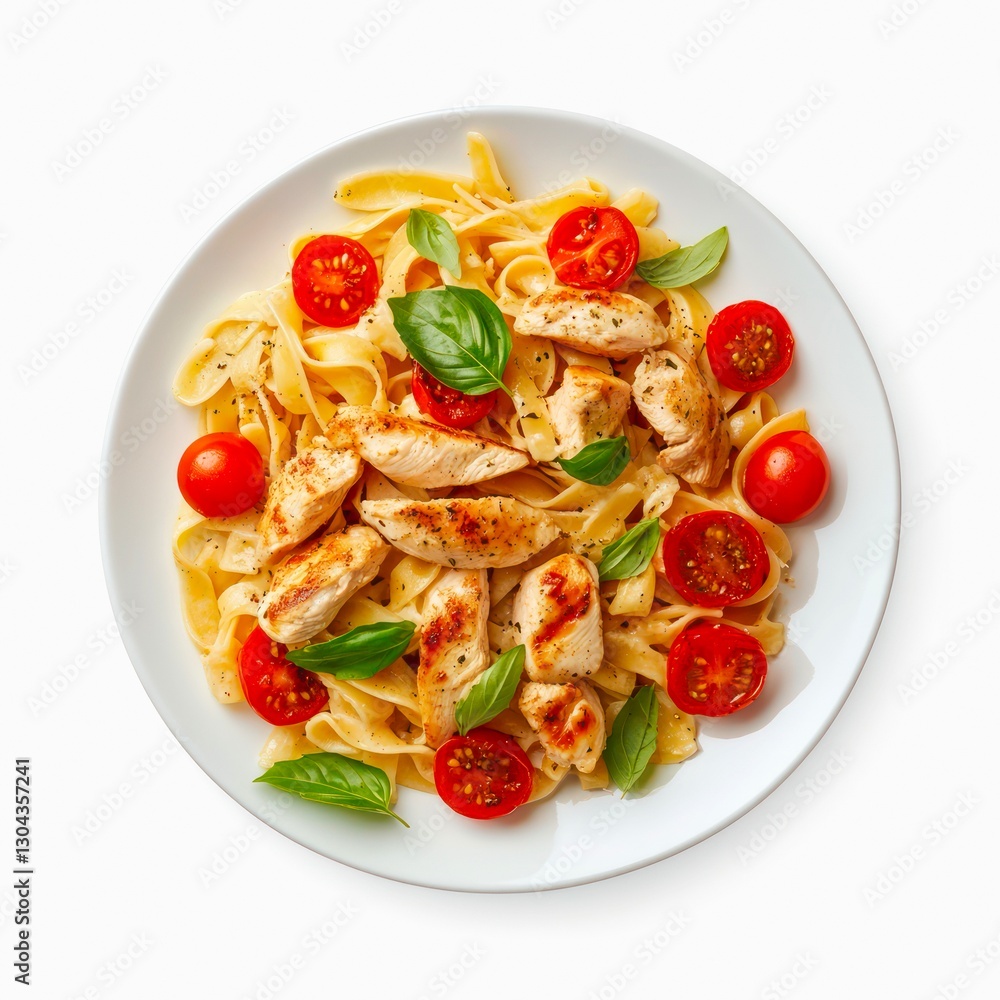Plate of pasta with chicken and tomatoes isolated on white background, top view. Plate of pasta with chicken and tomatoes isolated on white background, top view.