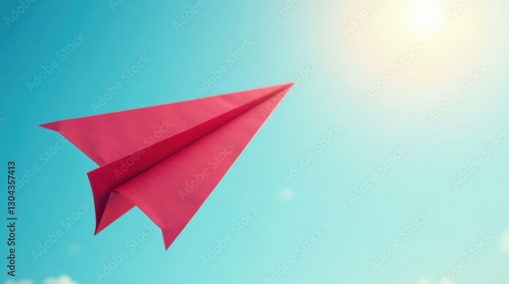 A crimson paper airplane gracefully soars against a vibrant, azure sky, bathed in the warm glow of sunlight, symbolizing aspirations and dreams taking flight. A crimson paper airplane gracefully soars against a vibrant, azure sky, bathed in the warm glow of sunlight, symbolizing aspirations and dreams taking flight.