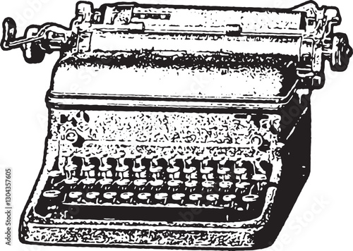 This is a black-and-white illustration of a vintage mechanical typewriter, an iconic tool used for writing before the digital age.