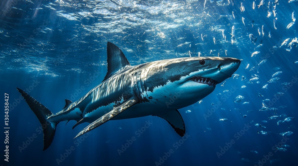 Fototapeta premium Colossal White Shark Swimming Gracefully in Blue Ocean Waters