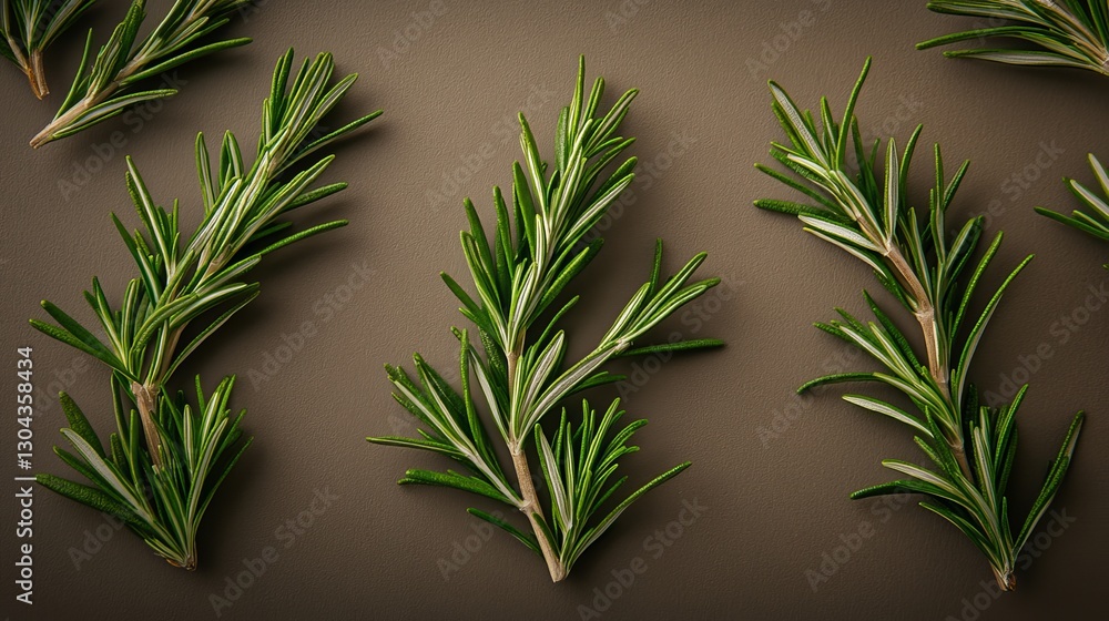 Fototapeta premium Rosemary twig and leaves, top-down view.