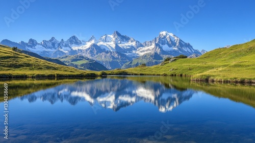 A crystal-clear mountain lake reflecting the surrounding snow-capped peaks.
