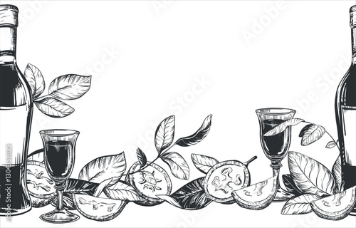 Bottle of Italian liqueur Nocino, glass with aperitif. Vector seamless pattern in engraving technique. Unripe walnut seeds whole and halves, leaves and branches. Linear sketch in black ink.