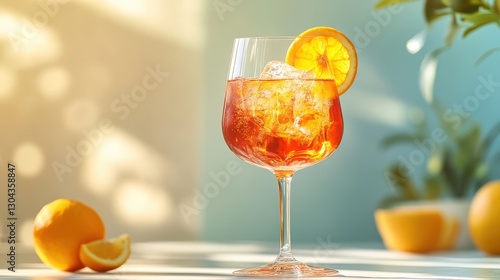A sleek, minimalist shot captures the vibrant hues of an Aperol Spritz cocktail, its effervescence hinting at the refreshing taste, served in a chilled glass with a generous slice of orange, a