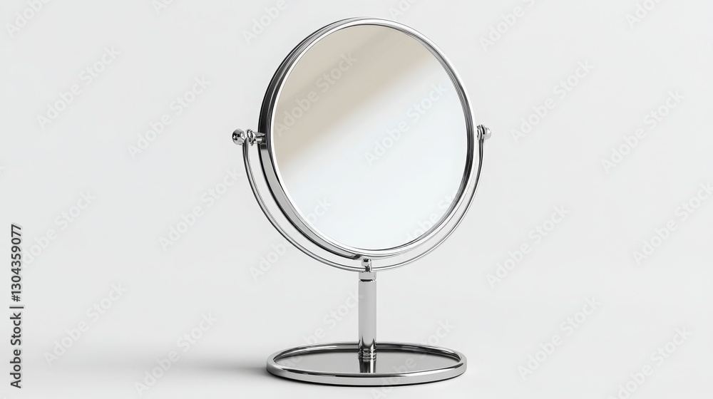 Round magnifying makeup mirror on a metal stand. Round magnifying makeup mirror on a metal stand.