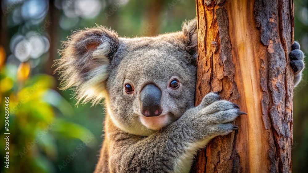 Fototapeta premium Adorable Koala Hugging Eucalyptus Tree - Close-Up Macro Photography