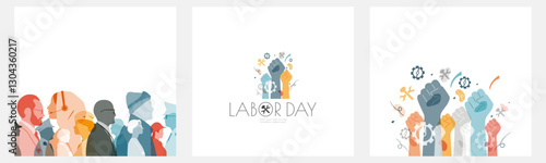 Labor Day card set. People of different professions together. Hands raised up into fists.  