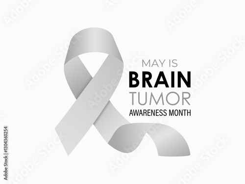 Vector graphic of Brain Tumor Awareness Month is observed every year in May to raise awareness about brain tumors. Gray ribbons with Realistic ribbon. Design for web banner, cards, prints, social.