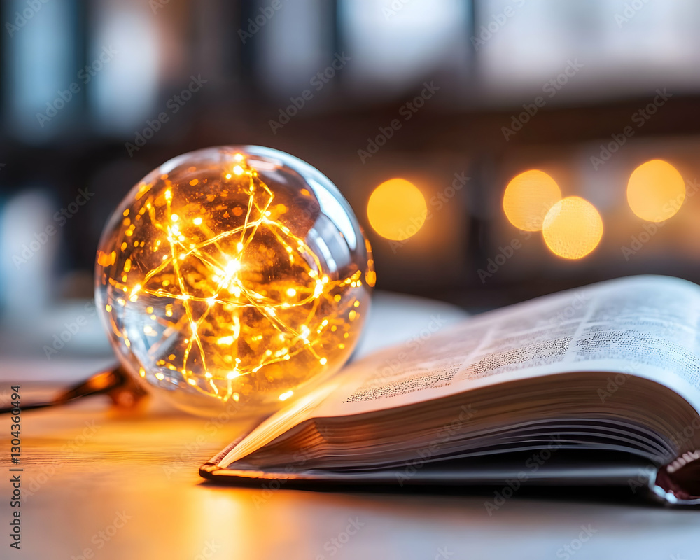 Obraz premium Illuminated globe beside open book, warm setting