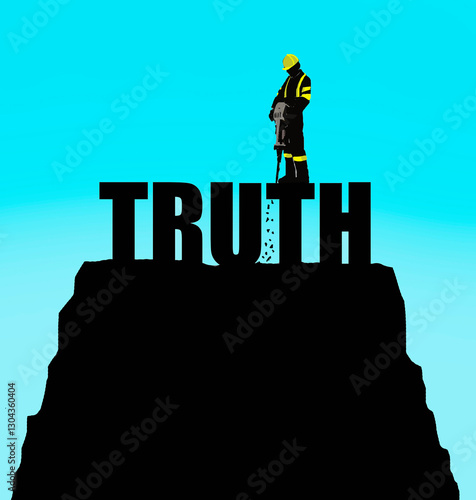 Illustration of a firefighter using a jackhammer on the word 'TRUTH' symbolizing the concept of fake news and honesty