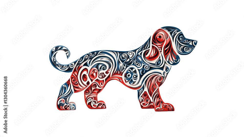 Fototapeta premium Ornate Basset Hound Dog Silhouette in Red, White, and Blue Floral Design