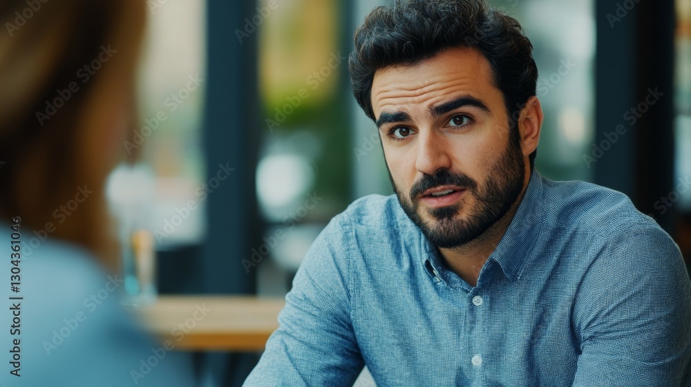 Fototapeta premium Focused Man Engaged in Serious Discussion in Bright Cafe Setting