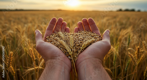 A farmer’s hands hold freshly harvested wheat grains against a golden field and a bright blue sky with clouds