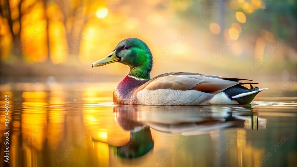 Obraz premium Adorable Mallard Duck Swimming in Serene Pond - Copy Space