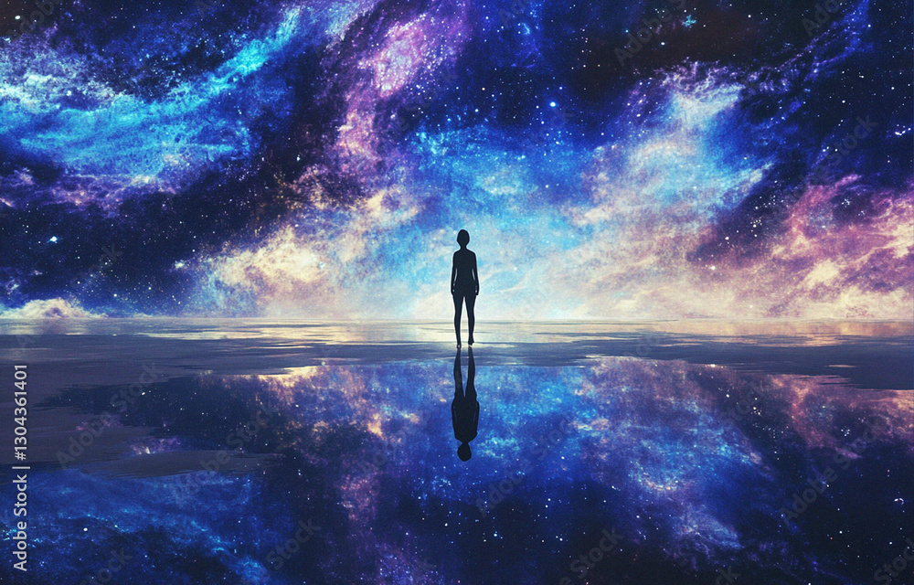 Fototapeta premium Ethereal Nightscape with a Lone Figure, Cosmic Reflections, and Galaxies