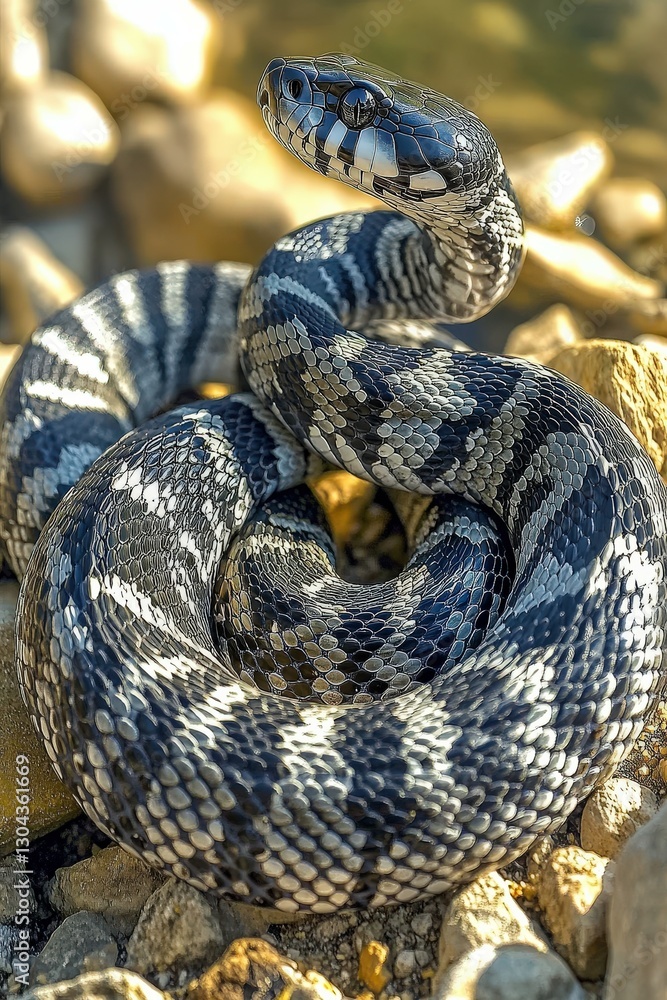 Black and white snake resting on rocks near water in nature Black and white snake resting on rocks near water in nature