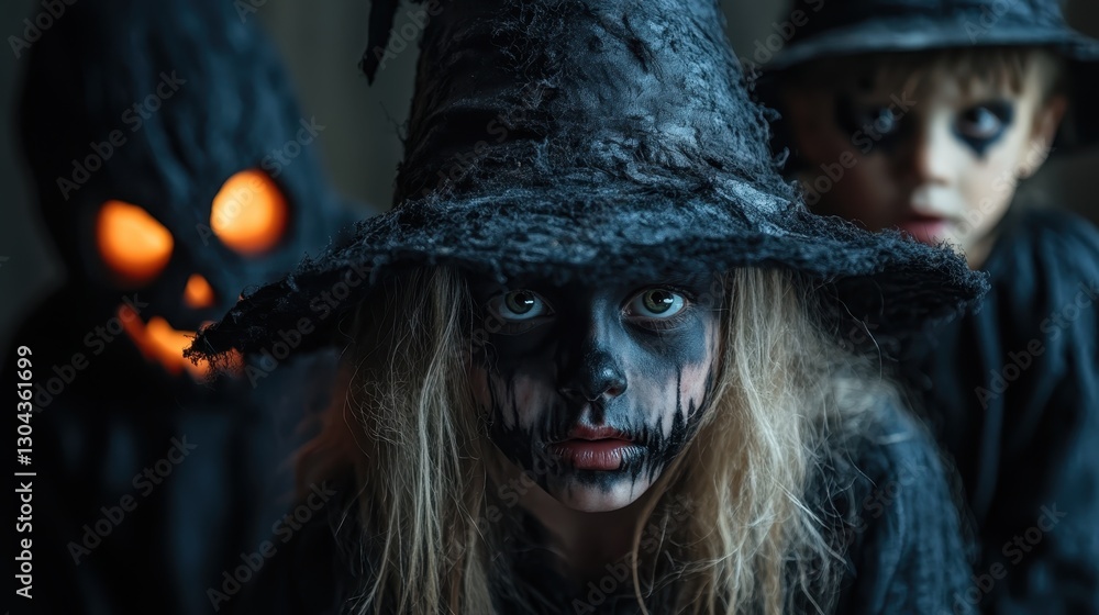 Three ominous figures in witch costumes loom in the shadows, their dark makeup and eerie appearances creating an unsettling atmosphere perfect for Halloween-themed visuals. Three ominous figures in witch costumes loom in the shadows, their dark makeup and eerie appearances creating an unsettling atmosphere perfect for Halloween-themed visuals.