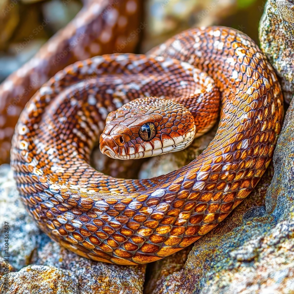 Fototapeta premium Close-up of a striking snake resting on rocks in nature