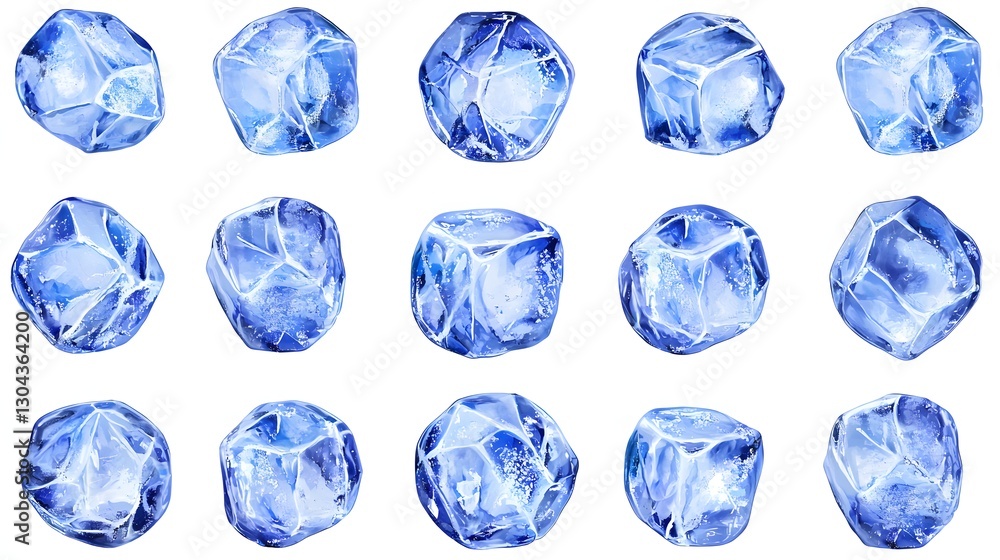 Collection of Clear Ice Cubes with Intricate Patterns and Textures on a White Background Collection of Clear Ice Cubes with Intricate Patterns and Textures on a White Background