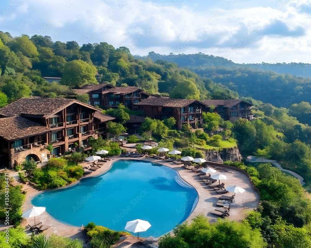 Mountaintop resort pool, lush greenery Mountaintop resort pool, lush greenery