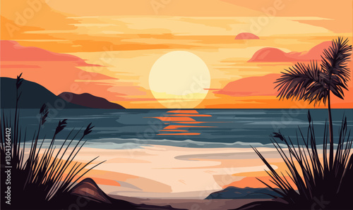 Wallpaper Mural Minimalist Sunset Beach Scene with Palm Trees and Ocean Waves in Vector Style Torontodigital.ca